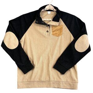 Mens Med Beige Black Corduroy Pullover Henley Collared Elbow Patch Lightweight